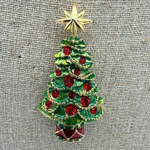 Christopher Radko Gold Tone Christmas Tree Brooch Pin Red Rhinestone Enamel
